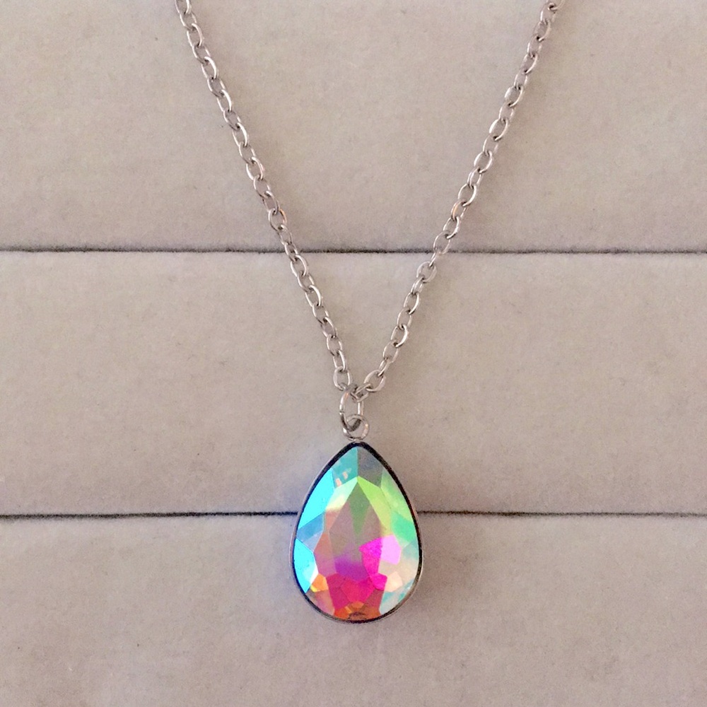 Aurora Borealis Crystal Pear Drop Pendant Necklace - Picture 5 of 8